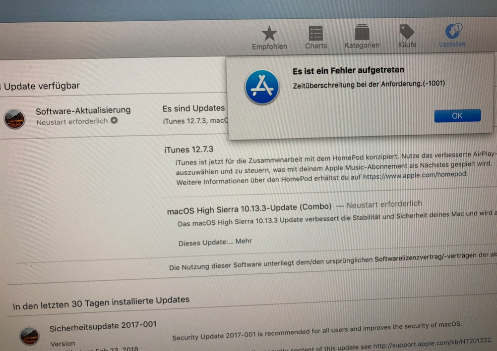 Apple iTunes App Store Fehler minus -1001