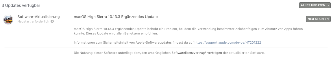 Software-Aktualisierung macOS High Sierra 10.13.3 Ergänzendes Update
